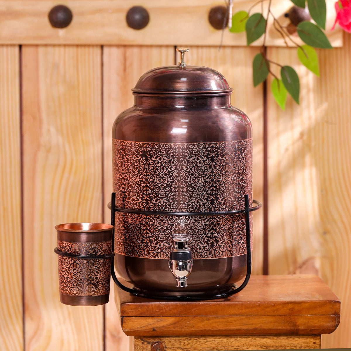 Copper Premium Water Dispenser with Glass & Stand (12 Inch)
