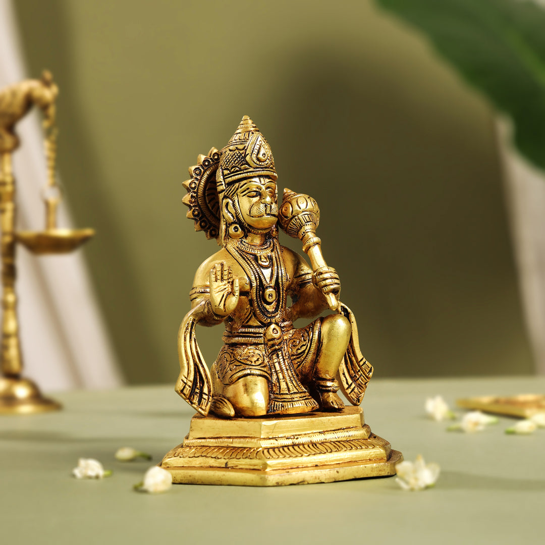 Brass Blessing Hanuman With Base Idol (6.5 Inch)