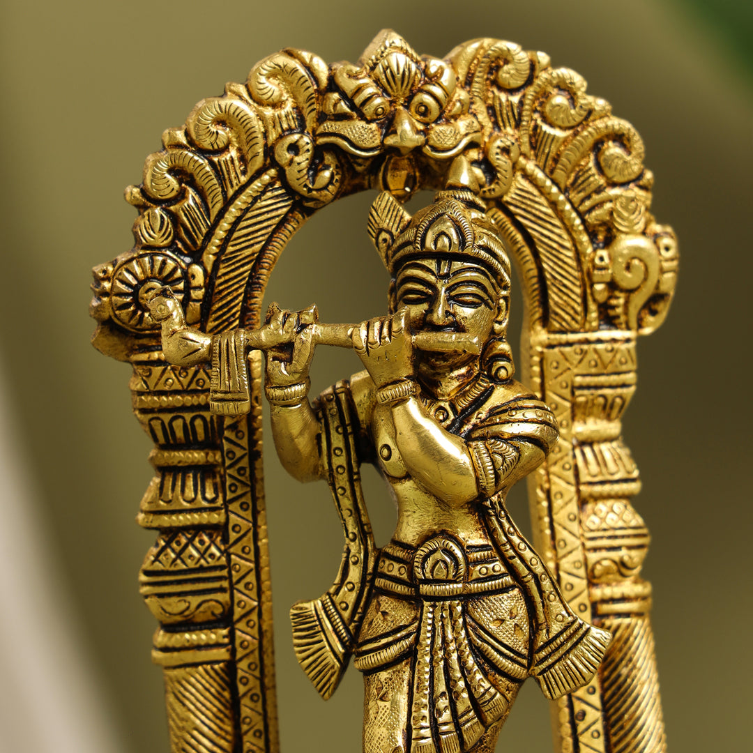 Brass Lord Krishna Idol On Tortoise (8 Inch)