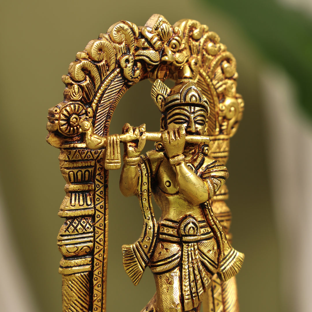 Brass Lord Krishna Idol On Tortoise (8 Inch)