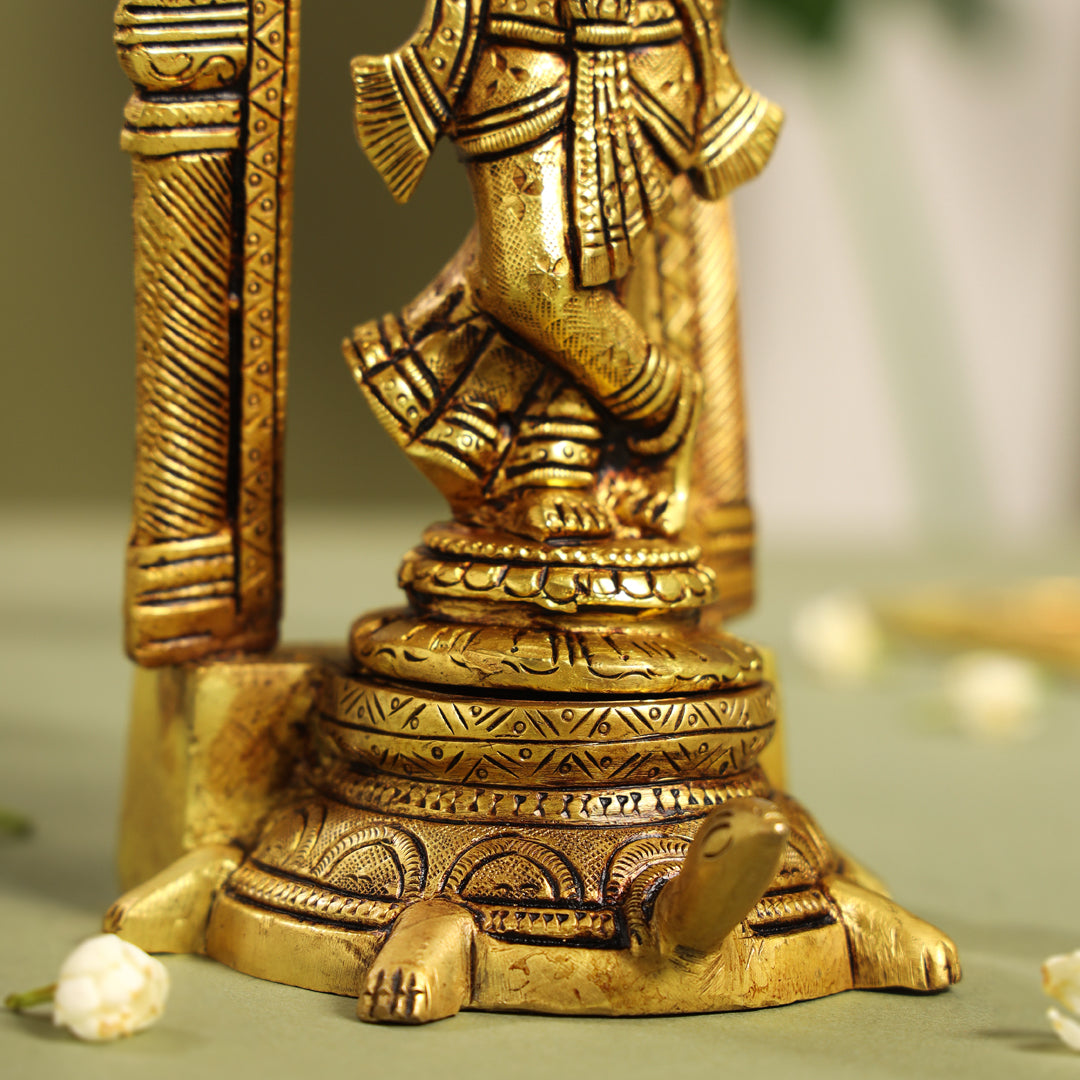 Brass Lord Krishna Idol On Tortoise (8 Inch)