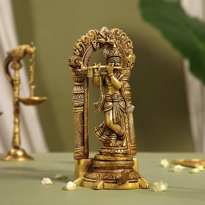 Brass Lord Krishna Idol On Tortoise (8 Inch)