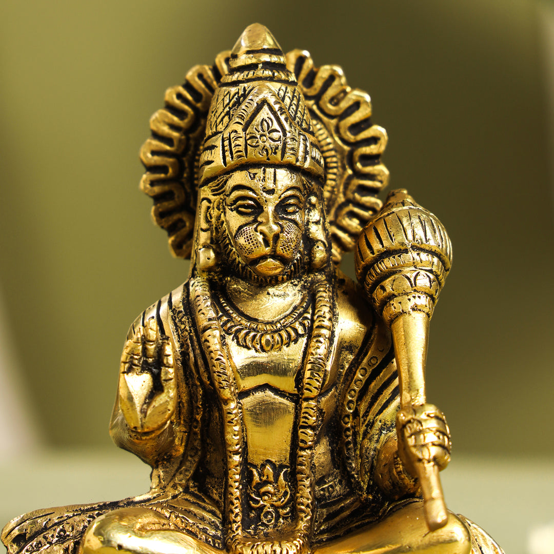 Brass Blessing Hanuman With Base Idol (6 Inch)