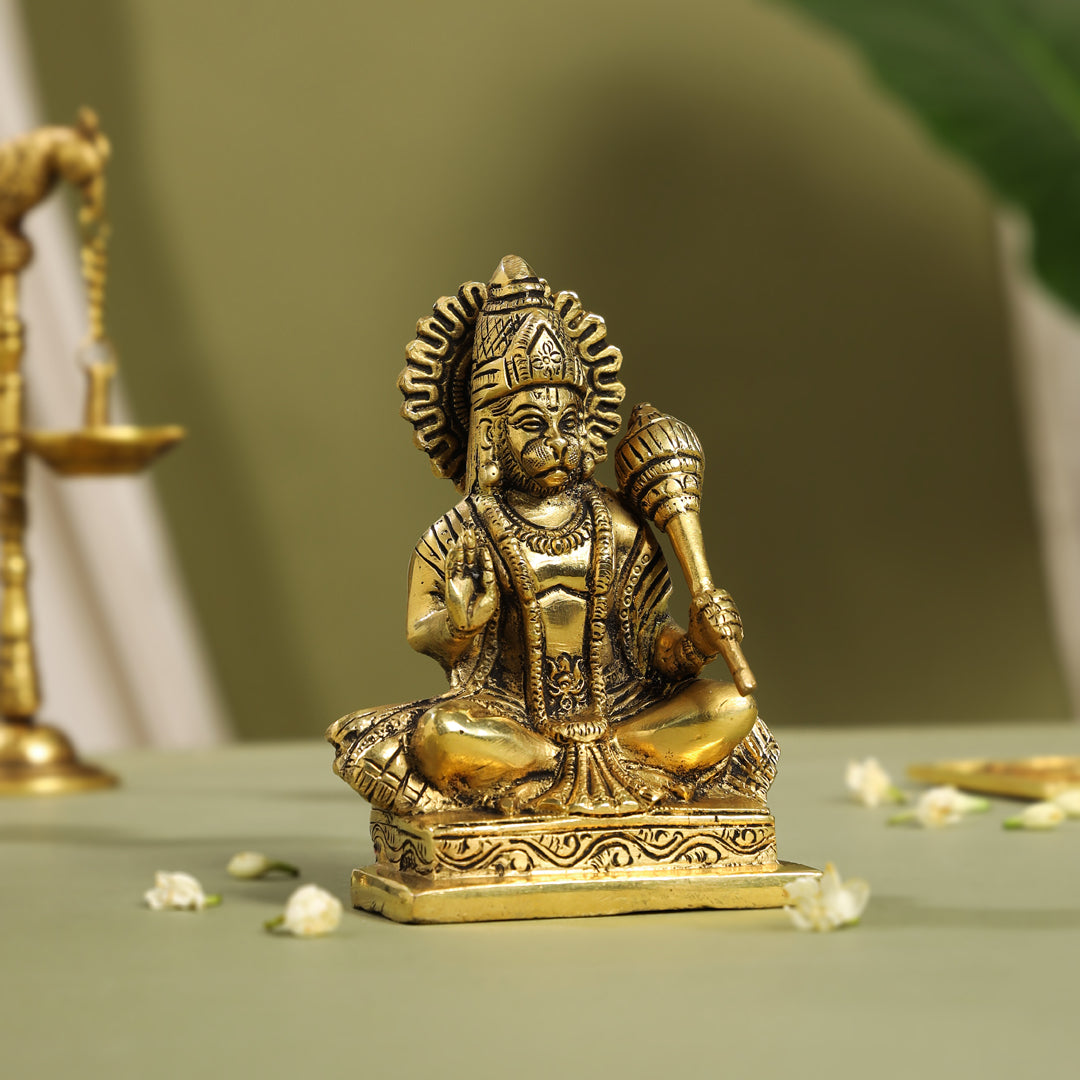 Brass Blessing Hanuman With Base Idol (6 Inch)