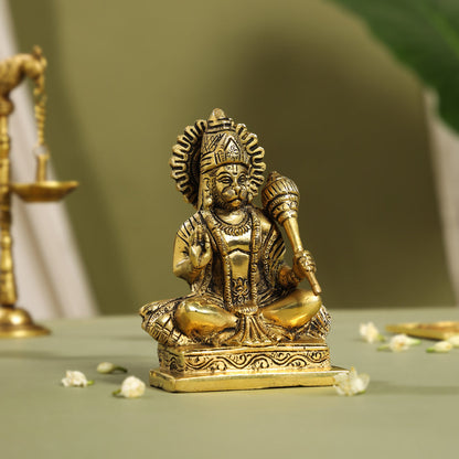 Brass Blessing Hanuman With Base Idol (6 Inch)