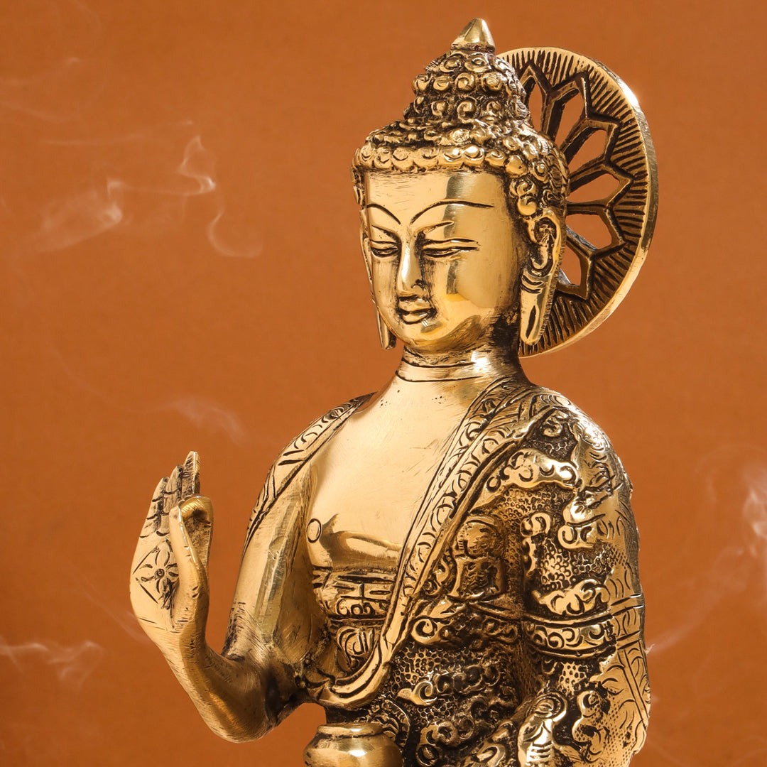 Brass Handcarved Blessing Buddha (10.5 Inch)