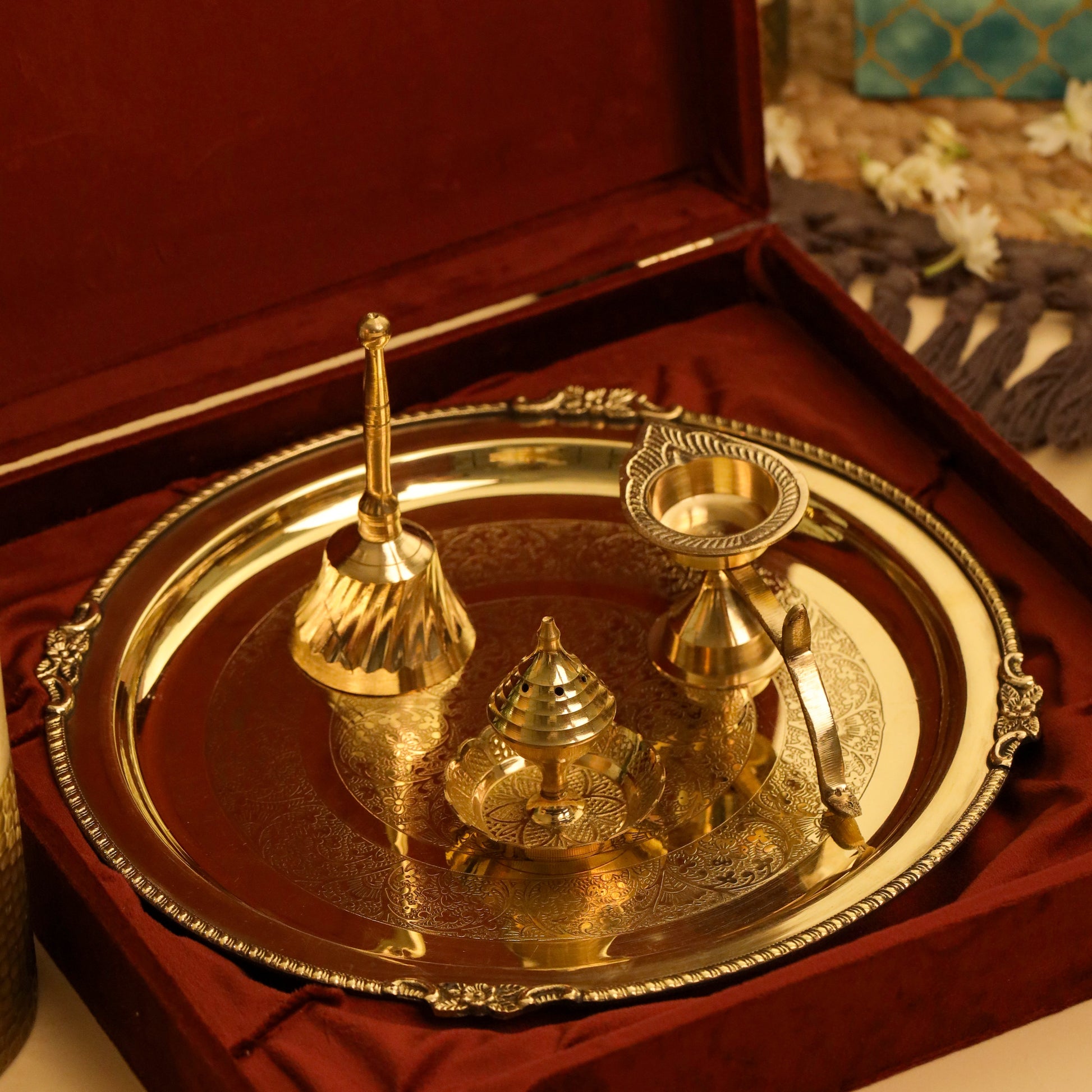 Brass Pooja Thali, Handbell, Agardan & Diya Gift Hamper