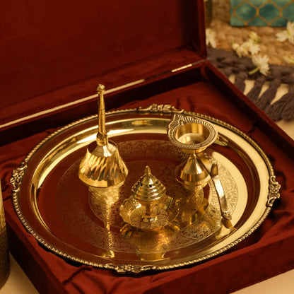 Brass Pooja Thali, Handbell, Agardan & Diya Gift Hamper