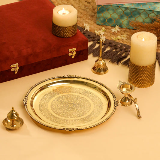Brass Pooja Thali, Handbell, Agardan & Diya Gift Hamper