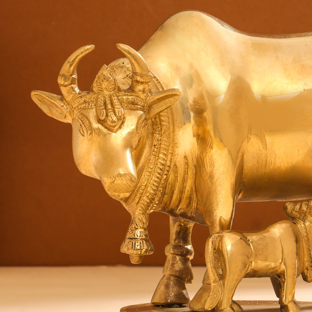 Brass Kamdhenu Cow With Calf Idol (6 Inch)
