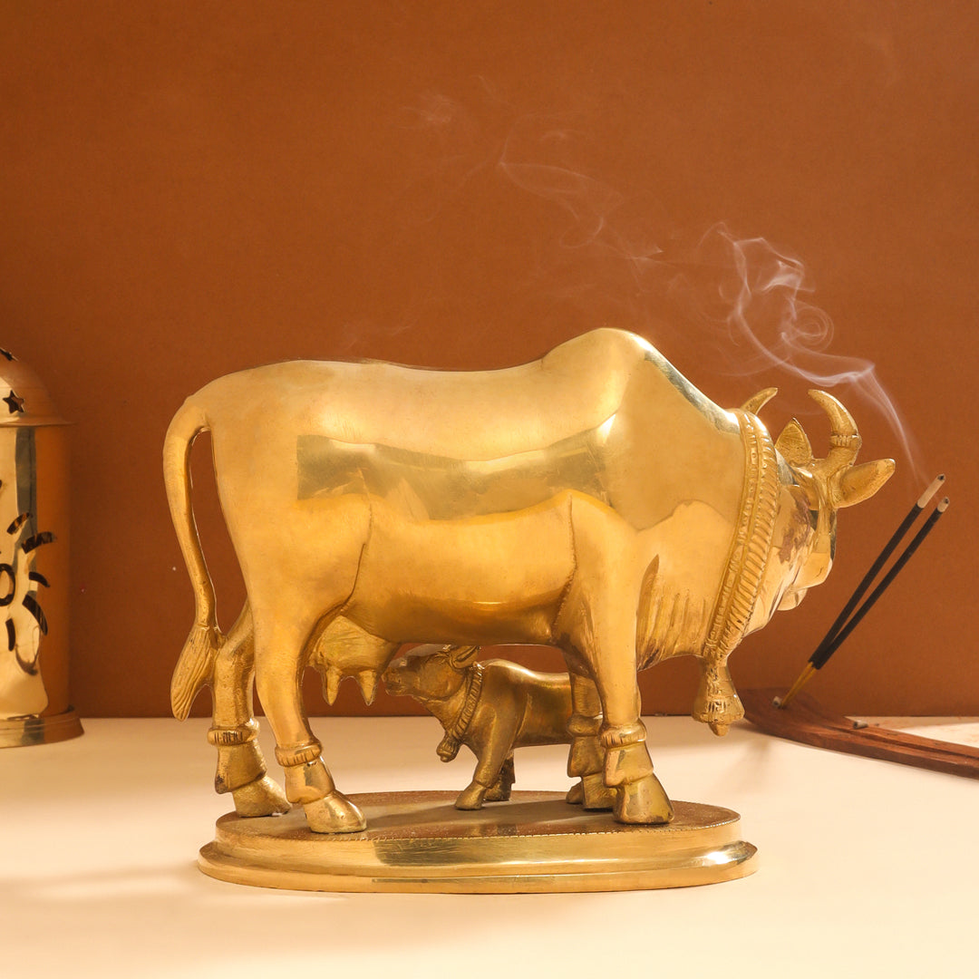 Brass Kamdhenu Cow With Calf Idol (6 Inch)