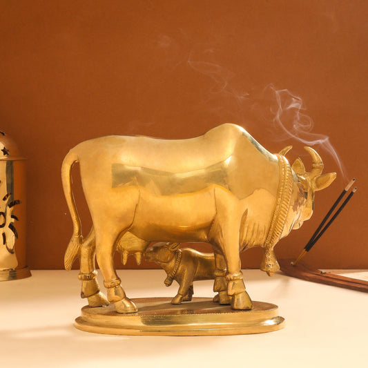 Brass Kamdhenu Cow With Calf Idol (6 Inch)