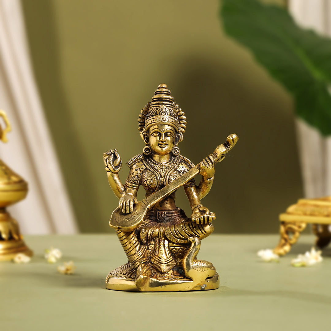 Brass Goddess Saraswati Idol (6.5 Inch)