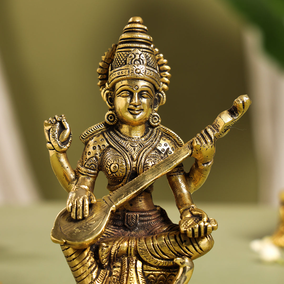Brass Goddess Saraswati Idol (6.5 Inch)