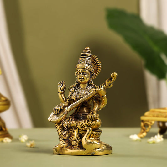 Brass Goddess Saraswati Idol (6.5 Inch)