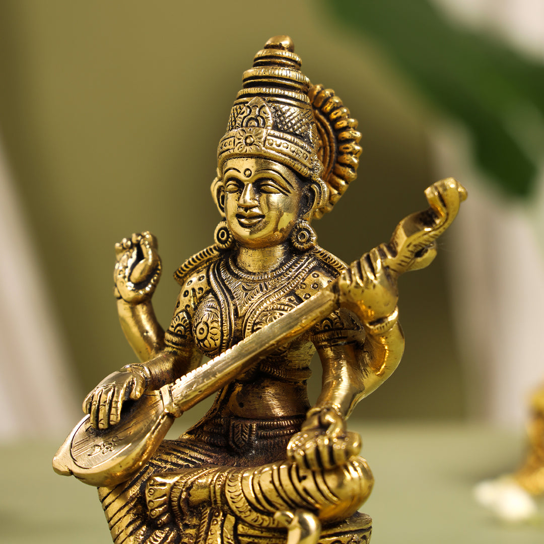 Brass Goddess Saraswati Idol (6.5 Inch)