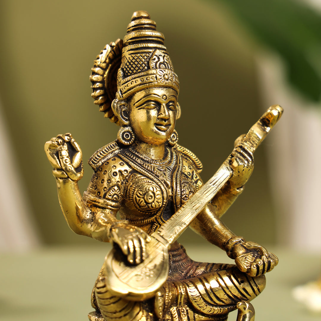 Brass Goddess Saraswati Idol (6.5 Inch)