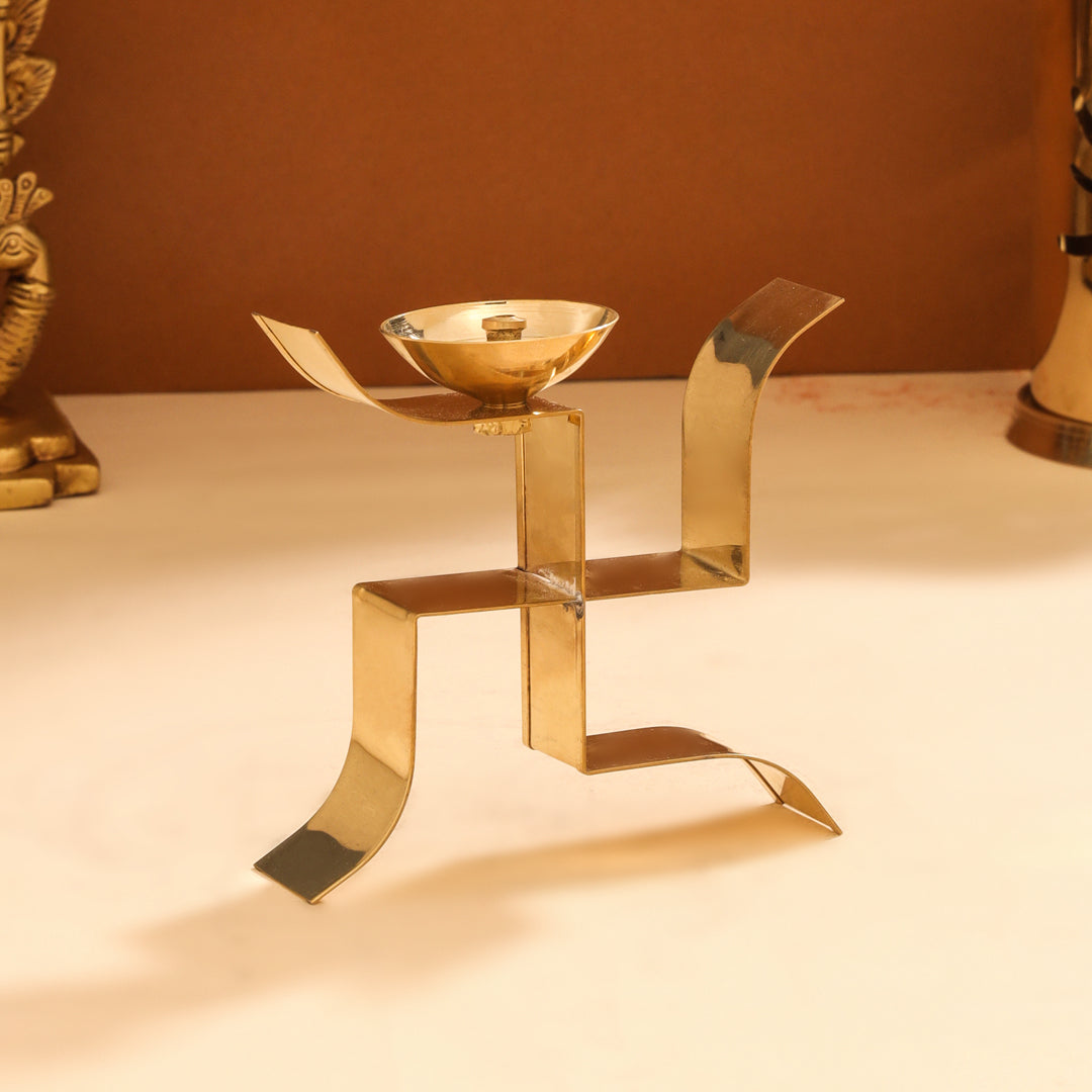 Brass Swastik Shape Akhand Diya (4 Inch)