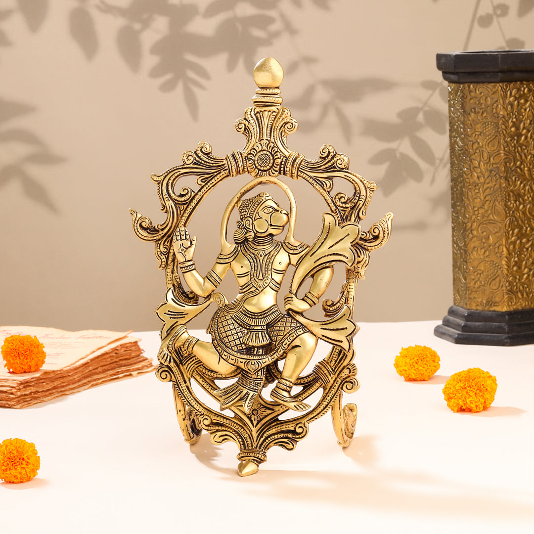 Brass Lord Hanuman Idol In Frame (12.5 Inch)