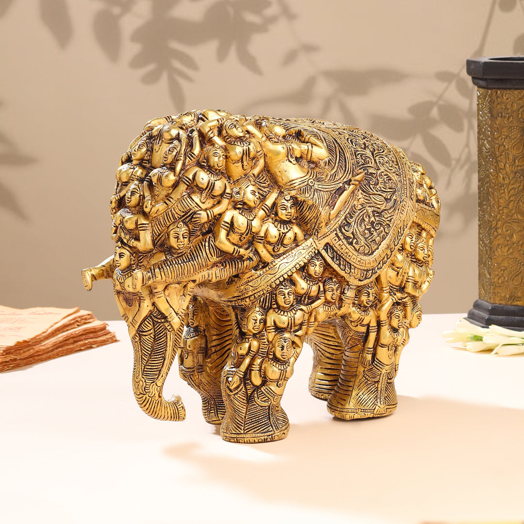 Brass Majestic Carved Elephant Statue (11 Inch)