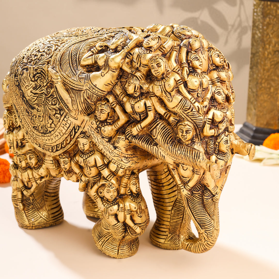 Brass Majestic Carved Elephant Statue (11 Inch)