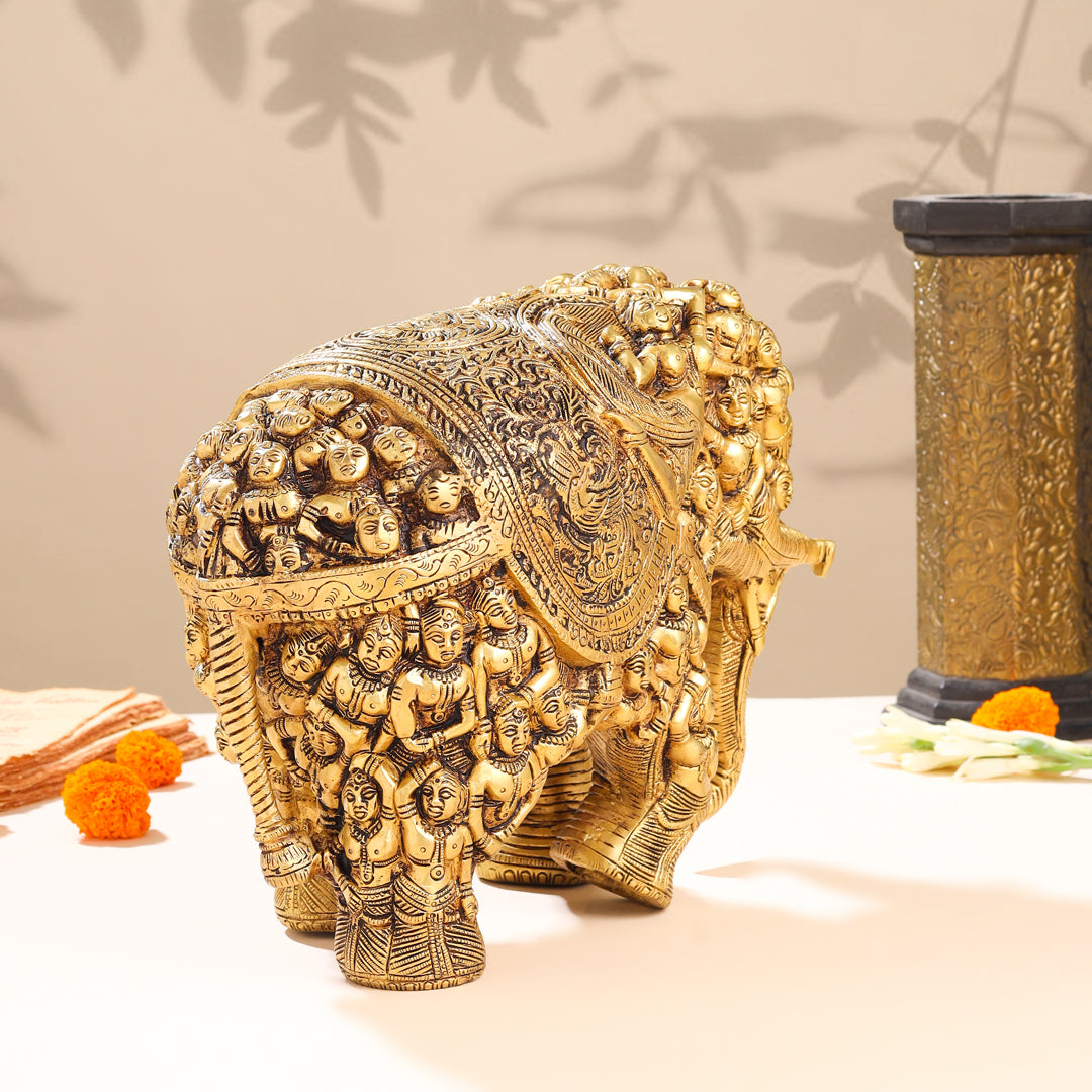 Brass Majestic Carved Elephant Statue (11 Inch)