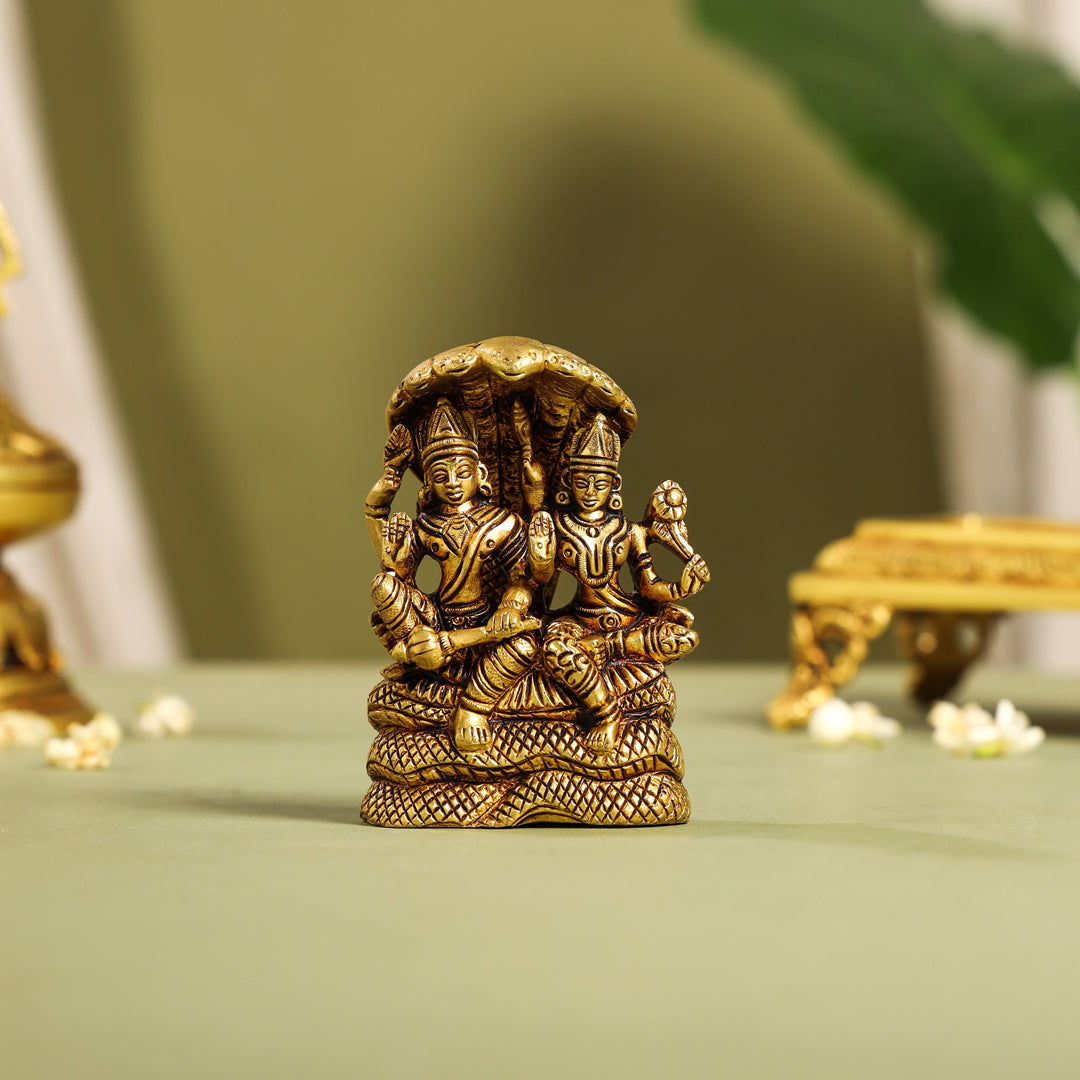 Brass Vishnu Lakshmi On Sheshnag Idol (4 Inch)