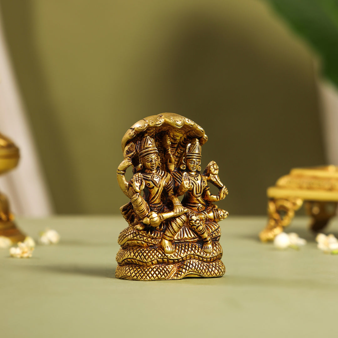 Brass Vishnu Lakshmi On Sheshnag Idol (4 Inch)