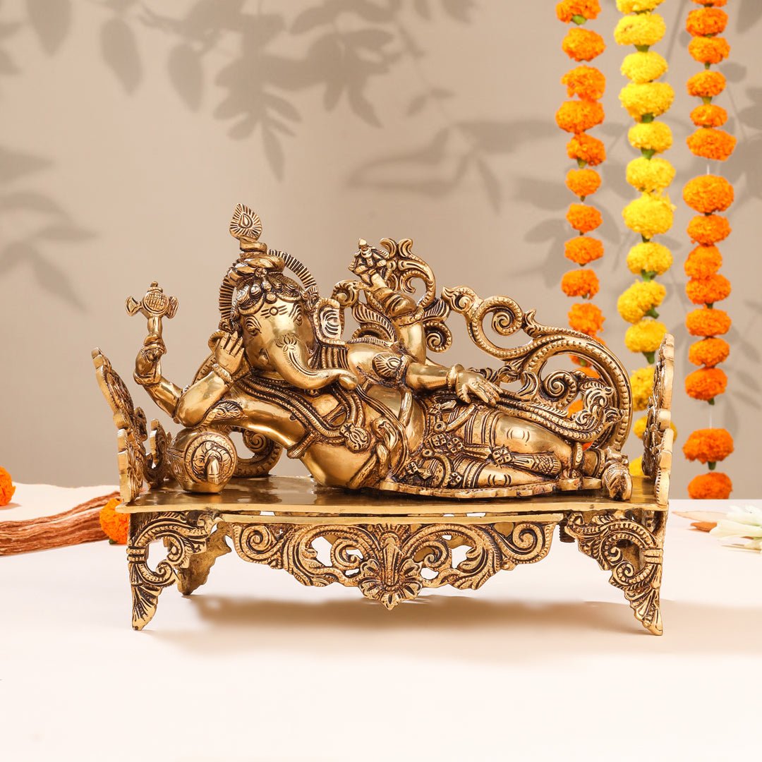 Brass Superfine Ganesha Resting On Couch (9 Inch)