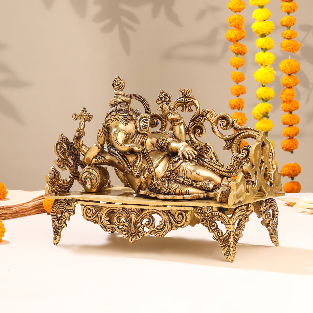 Brass Superfine Ganesha Resting On Couch (9 Inch)