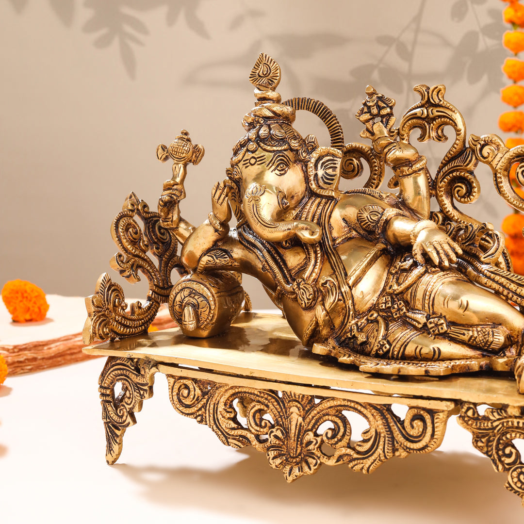 Brass Superfine Ganesha Resting On Couch (9 Inch)