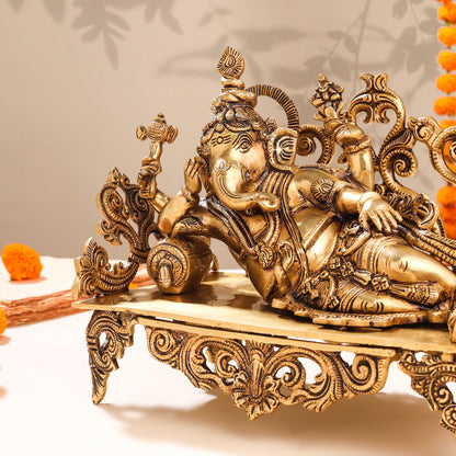 Brass Superfine Ganesha Resting On Couch (9 Inch)
