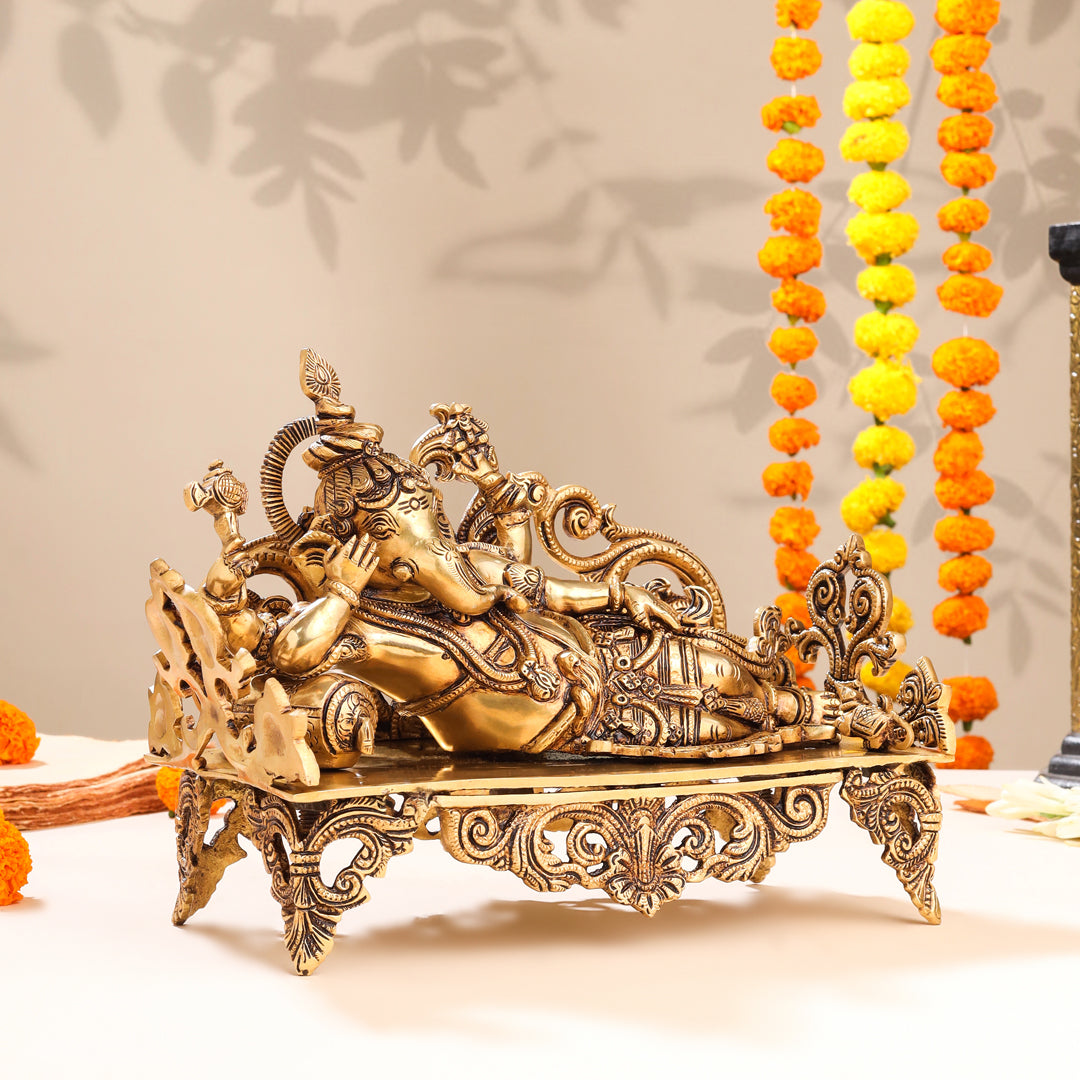 Brass Superfine Ganesha Resting On Couch (9 Inch)