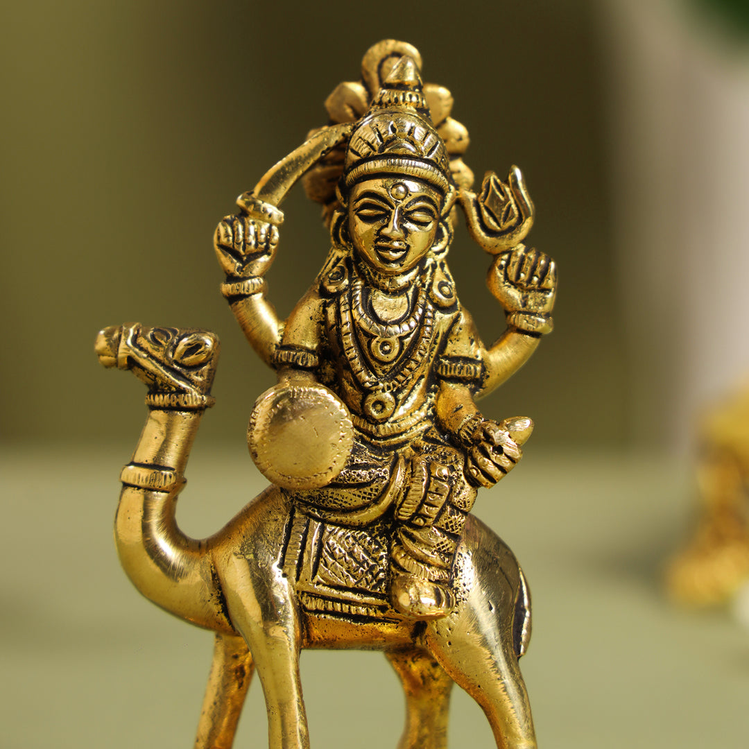 Brass Goddess Dasama Seated On Camel Idol (4.8 Inch)
