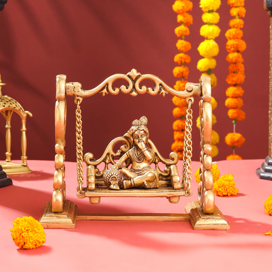 Brass Superfine Laddu Gopal On Swing/Jhula (7.5 Inch)