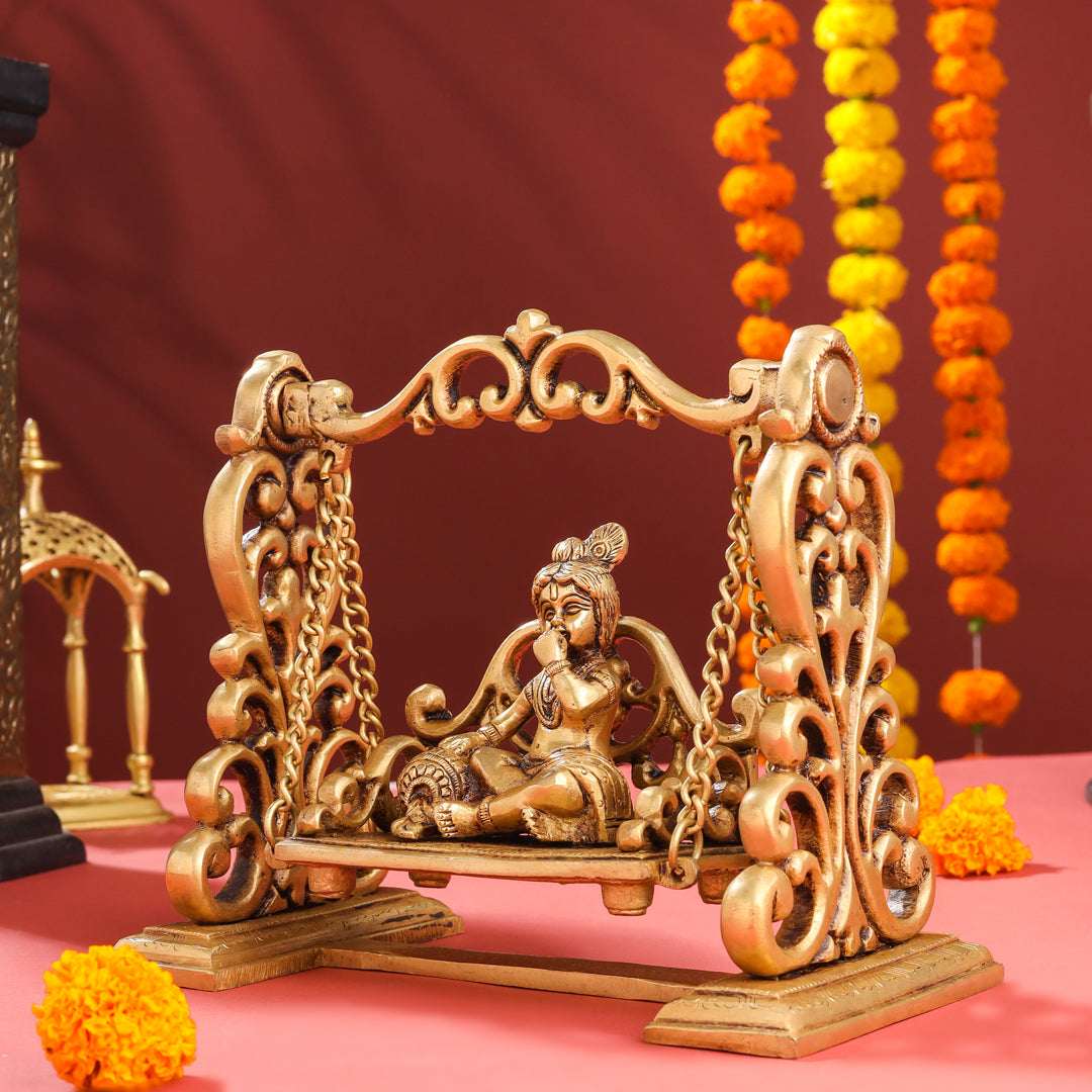 Brass Superfine Laddu Gopal On Swing/Jhula (7.5 Inch)
