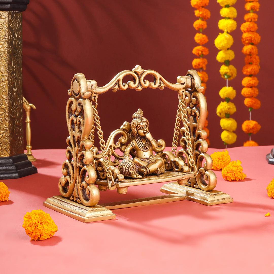 Brass Superfine Laddu Gopal On Swing/Jhula (7.5 Inch)