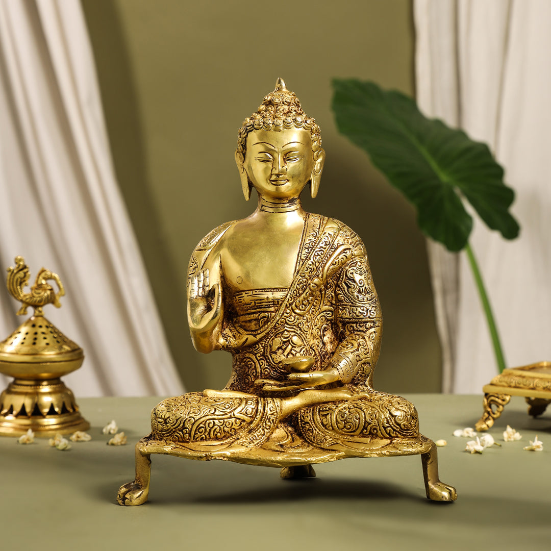 Brass Handcarved Blessing Buddha Idol (13 Inch)