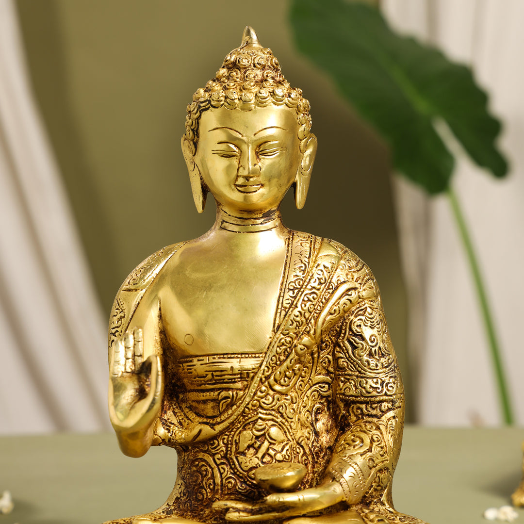 Brass Handcarved Blessing Buddha Idol (13 Inch)