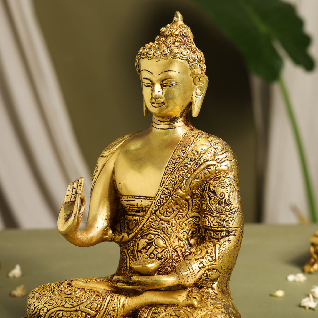 Brass Handcarved Blessing Buddha Idol (13 Inch)