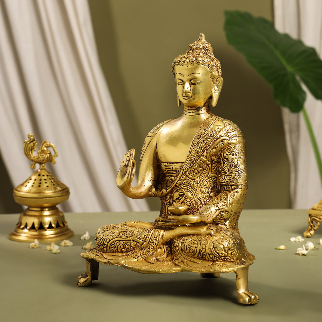 Brass Handcarved Blessing Buddha Idol (13 Inch)