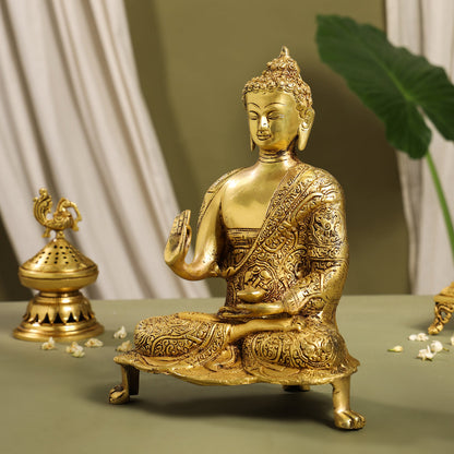 Brass Handcarved Blessing Buddha Idol (13 Inch)