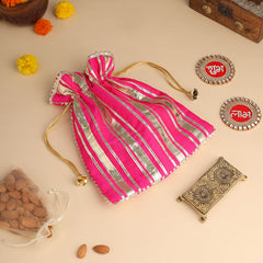 Brass Charan Paduka, Diya & Chowki Gift Festive Potli/Hamper