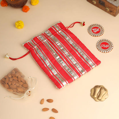 Brass Charan Paduka, Diya & Chowki Gift Festive Potli/Hamper