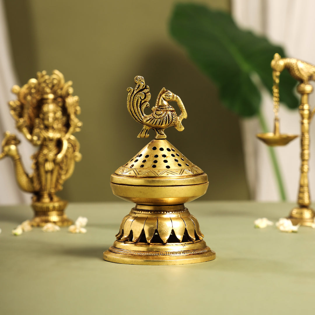 Brass Peacock Dhoop Dani & Incense Holder (6.5 Inch)