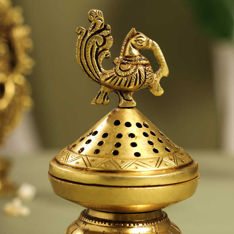 Brass Peacock Dhoop Dani & Incense Holder (6.5 Inch)
