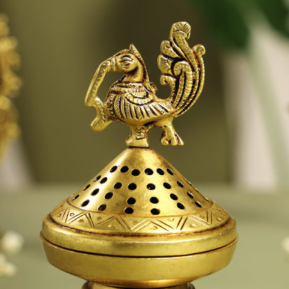 Brass Peacock Dhoop Dani & Incense Holder (6.5 Inch)