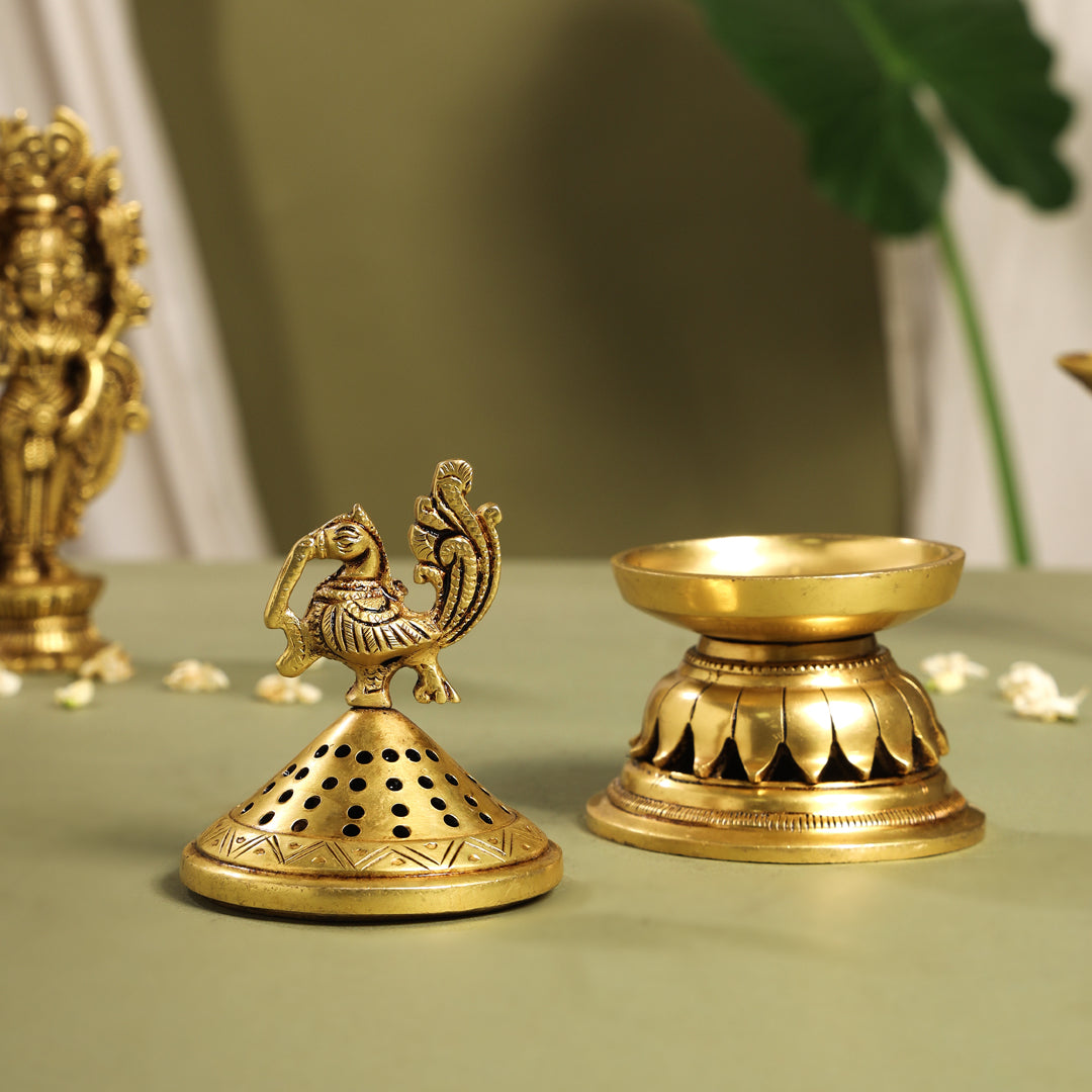 Brass Peacock Dhoop Dani & Incense Holder (6.5 Inch)