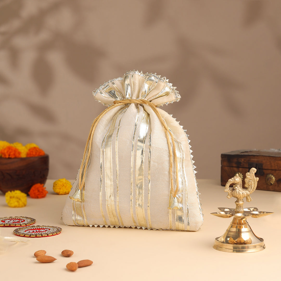 Brass Charan Paduka, Diya & Chowki Gift Festive Potli/Hamper