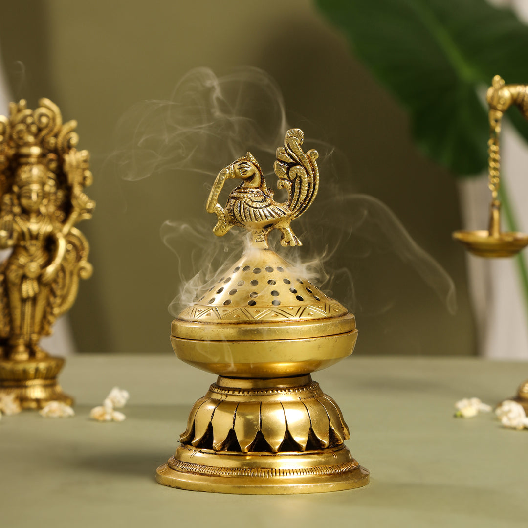 Brass Peacock Dhoop Dani & Incense Holder (6.5 Inch)